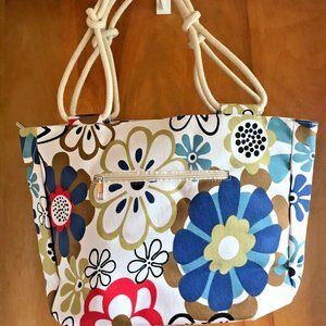 Retro Abstract Floral Canvas Tote Shoulder Bag Multicolor Flowers Rope Handles
